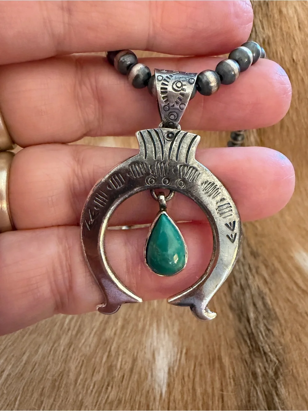 ❤️ Kingman Turquoise Hand Stamped Statement NAJA Oxidized Sterling Navajo Style